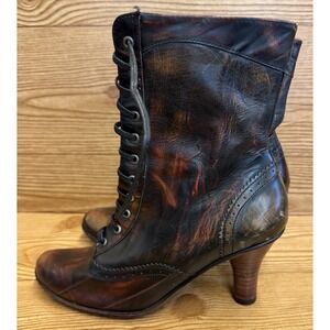 VTG Bolo Victorian Red Brown‎ Leather Lace Up Granny Boots Heels Sz 6.5